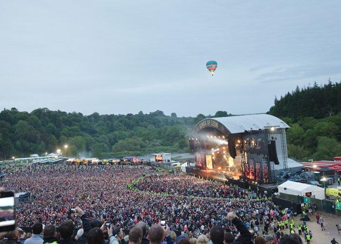 Stage at Slane Castle with a hot air balloon in the sky