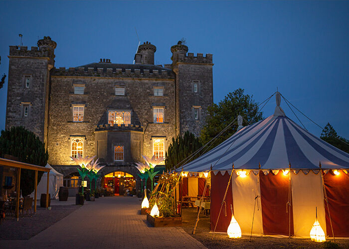 Slane Courtyard at night showing an outdoor tent and lights