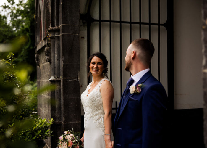 Bride and Groom outside Castle