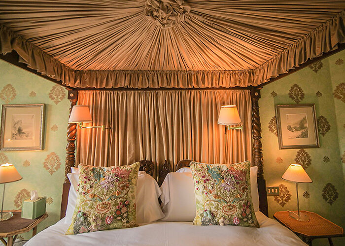 The inside canopy of a four poster bed