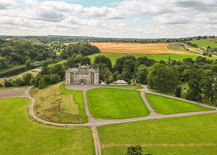 An aerial shot of Slane Castle surrounded by fields