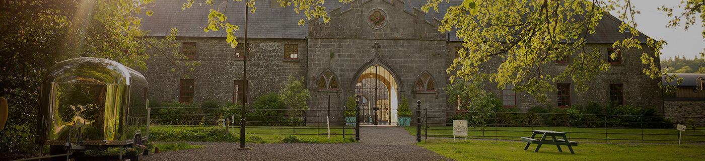 Picnic benches outside the distillery