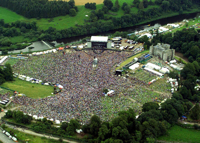 An aerial image showing a concert at Slane Castle