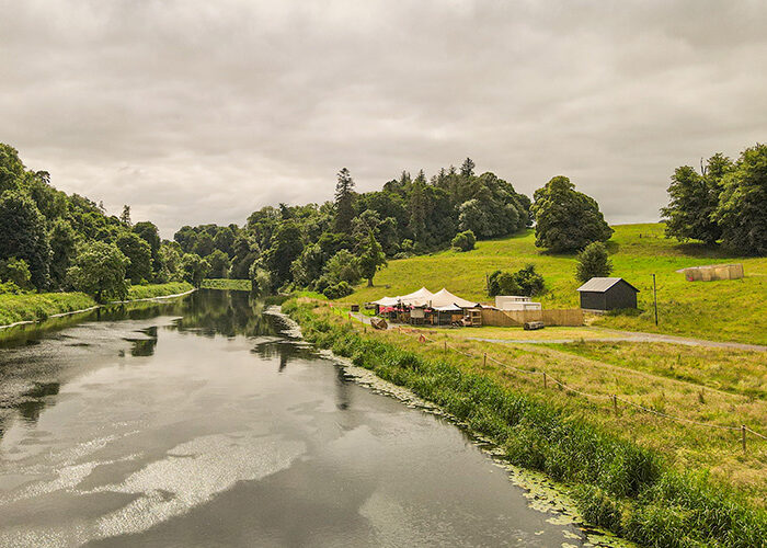 Tents set up as a restaurant on the banks of the River Boyne