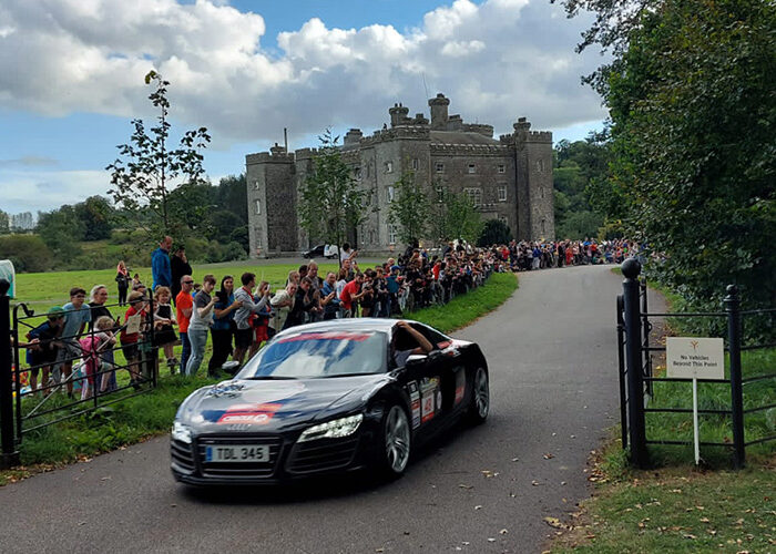 A sports car in Slane Castle for Cannonball event